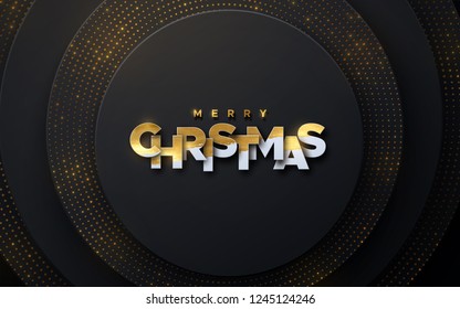 Merry Christmas. Vector typography illustration. Holiday decoration of white paper letters textured with golden paint on black layered background. Festive banner design