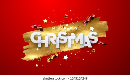 Merry Christmas. Vector typography illustration. Holiday decoration of white paper letters, sparkling confetti, streamers, stars on golden paint stain background. Festive banner design