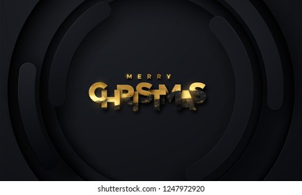 Merry Christmas. Vector typography illustration. Holiday decoration of black paper letters textured with golden paint and shimmering glitters. Festive banner design. Abstract holiday cover