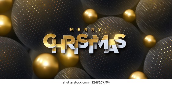 Merry Christmas. Vector typography illustration. Holiday decoration of white paper letters on 3d black and golden spheres background. Festive banner design. Abstract holiday cover. Christmas ornament