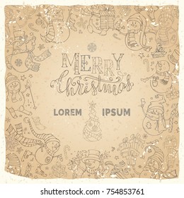 Merry Christmas! Vector vintage snowmen background. Cute snowmen with candy cane, gift, bauble, Christmas sock, bird, ski, skate, garland. Music notes, stars and snowflakes. Round frame in the center.