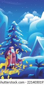 Merry Christmas vector winter landscape illustration. Santa and reindeer sing around the Christmas tree. Gift boxes, decorative balls and garlands on blue snow background. Happy New Year greeting card