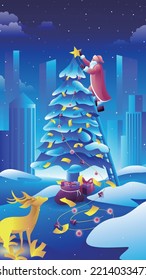 Merry Christmas vector winter landscape illustration. Santa and reindeer hang stars around the tree and sing. Gift box, decorative light ring on blue snow background. Happy New Year greeting card.