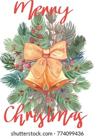 Merry Christmas vector wreath with a bow and two bells on the background of Christmas tree and pine branches and red berries