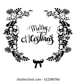Merry Christmas vector wreath with hand drawn lettering. Vector set with lettering and floral elements for Christmas greeting card.