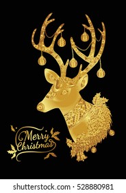 Merry Christmas from vector.Reindeer gold on black background.Merry Christmas in 2016.Reindeer tangle for coloring.