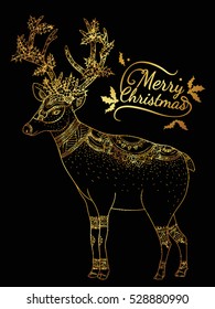 Merry Christmas from vector.Reindeer gold on black background.Merry Christmas in 2016.Reindeer tangle for coloring.
