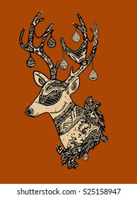 Merry Christmas from vector.Reindeer on brown background.Merry Christmas in 2016.Reindeer tangle for coloring.