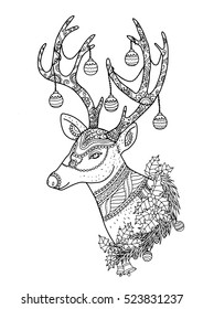 Merry Christmas from vector.Reindeer on white background.Merry Christmas in 2016.Reindeer tangle 
for coloring.