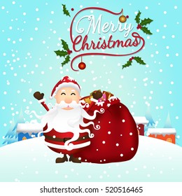 Merry Christmas from vector.Santa Claus and reindeer on snow background.Merry Christmas in 2016.