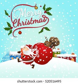 Merry Christmas from vector.Santa Claus and reindeer on snow background.Merry Christmas in 2016.