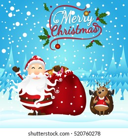 Merry Christmas from vector.Santa Claus and reindeer on snow background.Merry Christmas in 2016.