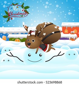 Merry Christmas from vector.Santa Claus and reindeer on snow background.Merry Christmas in 2016.