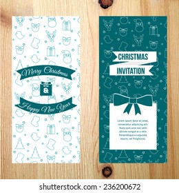 Merry Christmas vertical banner with pattern on wooden texture background. Vector illustration 