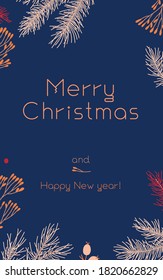 Merry Christmas vertical banner template in vector on blue background. Winter sale with floral pattern. New Year seasonal celebration greeting card. Pinecone Xmas branches and isolated leaves.