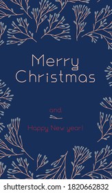 Merry Christmas vertical banner template in vector on blue background. Winter sale with floral pattern. New Year seasonal celebration greeting card. Pinecone Xmas branches and isolated leaves.