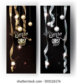 Merry christmas vertical banners with long hanging serpentine and christmas balls