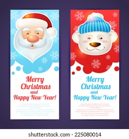 Merry christmas vertical banners with santa claus and polar bear isolated vector illustration