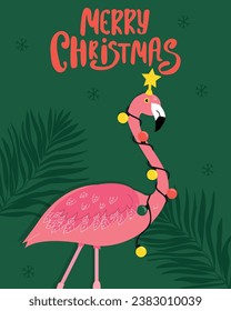 Merry Christmas vertical card with flamingo. Cartoon cute bird with Christmas lights. Vector Illustration.	