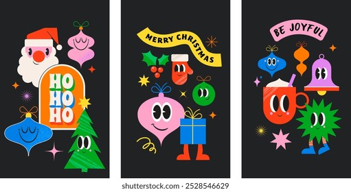 Merry Christmas vertical cards templates, collection of funny cartoons, stickers, illustrations. Retro modern style Christmas ornaments, Santa, Xmas tree with funny characters, faces, eyes and smiles