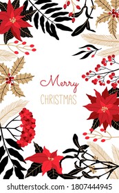 Merry Christmas vertical greeting card with Scandinavian red, gold and black plants. Poinsettia, holly berry, pine cone and laurel in flat, cartoon style, modern placard on isolated white background.