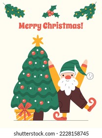 Merry Christmas vertical greeting card with a cute gnome, presents and decorated tree. Colorful New Year symbols. Minimalistic flat hand-drawn illustration, light background