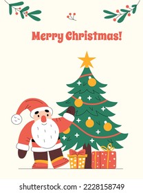Merry Christmas vertical greeting card with Sanda Claus, presents and decorated tree. Colorful New Year symbols. Minimalistic flat hand-drawn illustration, light background