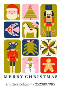 Merry Christmas vertical greeting card. Geometric retro vintage elements. Nutcracker, King Mouse, Santa, Christmas tree, snowman. Winter time. Holly Joly. Happy New year.