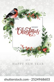 Merry Christmas vertical greeting card design with red bullfinch bird, spruce branches, red berries. Vector illustration.