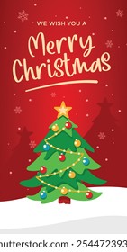 Merry Christmas vertical greeting card banner with Christmas tree and congratulatory text on red gradient background and falling snow. Can be used for Christmas themed designs