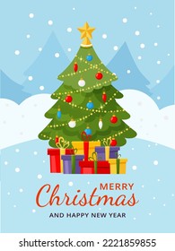 Merry Christmas vertical postcard with New Year Tree. Greeting card with winter landscape, forest, snow. Tree with garland, hanging decorations and a bunch of gifts. Vector illustration in flat style