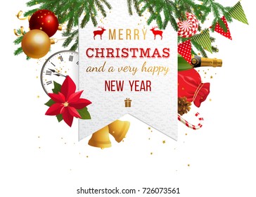 Merry Christmas and a very happy new year paper emblem over bright holiday background. Vector illustration