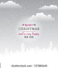 Merry Christmas and a very happy New Year text over winter landscape. Vector illustration