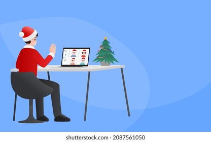 Merry Christmas video conference meeting online illustration flat design concept. People group on computer screen taking with friends. Wish from home meeting online with people on a personal computer.