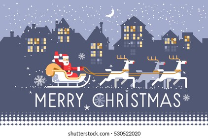 Merry Christmas, village on background with snow and snowflakes. Vector illustration.