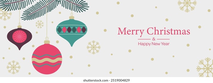 Merry Christmas vintage background with Christmas decorations, snow. Decorations in simple flat design. Vector illustration.
