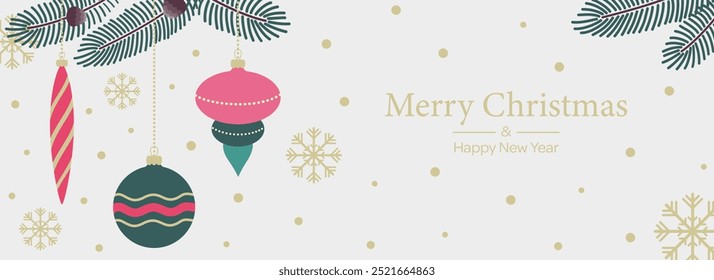 Merry Christmas vintage background with Christmas decorations, snow. Decorations in simple flat design. Vector illustration.
