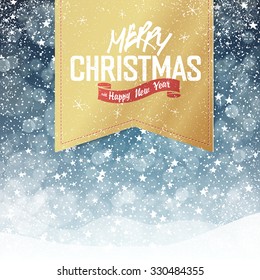 Merry Christmas Vintage Background. Falling Snow and Golden Badge with Greeting. All layers separated and can be edited.