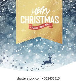 Merry Christmas Vintage Background. Falling Snow and Golden Badge with Greeting and Christmas deer. All layers separated and can be edited.