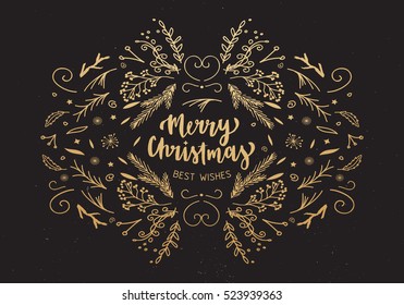 Merry Christmas vintage background with typography, lettering. Great print for invitation, poster, apparel design. Holiday ornamental banner with shiny gold texture