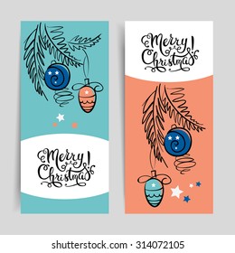 Merry Christmas vintage banners. Happy New Year cards. Vector illustration