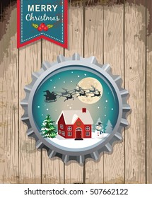 Merry Christmas. Vintage Christmas bottle cap with wooden background. Christmas background.