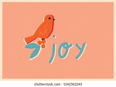 Merry Christmas vintage card with bird bullfinch, mistletoe and greeting text quote.