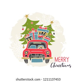 Merry Christmas vintage card. Car, tree, gift boxes, snowflakes. Hand drawn isolated on black background. Handwritten font, lettering