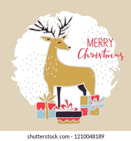 Merry Christmas vintage card. Deer, gift boxes. Hand drawn isolated. Handwritten font, lettering