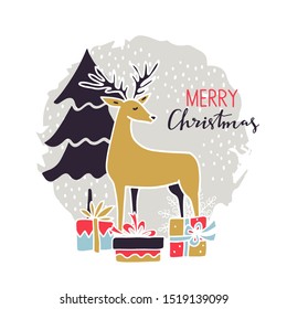 Merry Christmas vintage card. Deer, tree, gifts. Hand drawn isolated on white background. Handwritten font