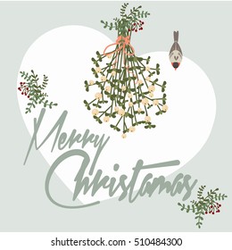 Merry Christmas vintage card with mistletoe and birds. Vector illustration