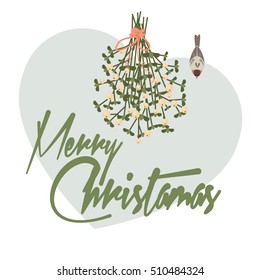 Merry Christmas vintage card with mistletoe and birds. Vector illustration
