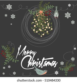 Merry Christmas vintage card with mistletoe and birds. Vector illustration
