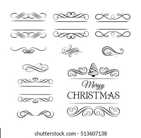 Merry Christmas Vintage elements and page decoration. Ornate frames and scroll element. Kit of Vintage Elements for Invitations, Banners, Posters, Placards, Badges Illustration